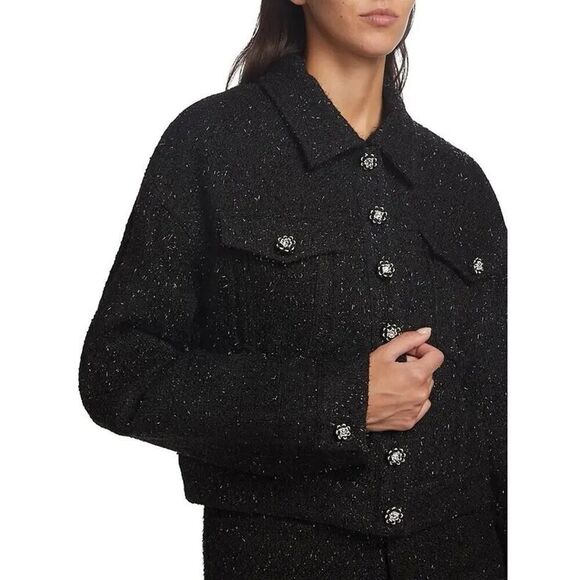 Self Portrait Black Boucle Oversized Tweed Pattern Black Cropped Jacket sz 8 US - Picture 1 of 13
